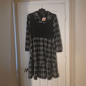 BloomChic Black and White Plaid Long Sleeve Dress